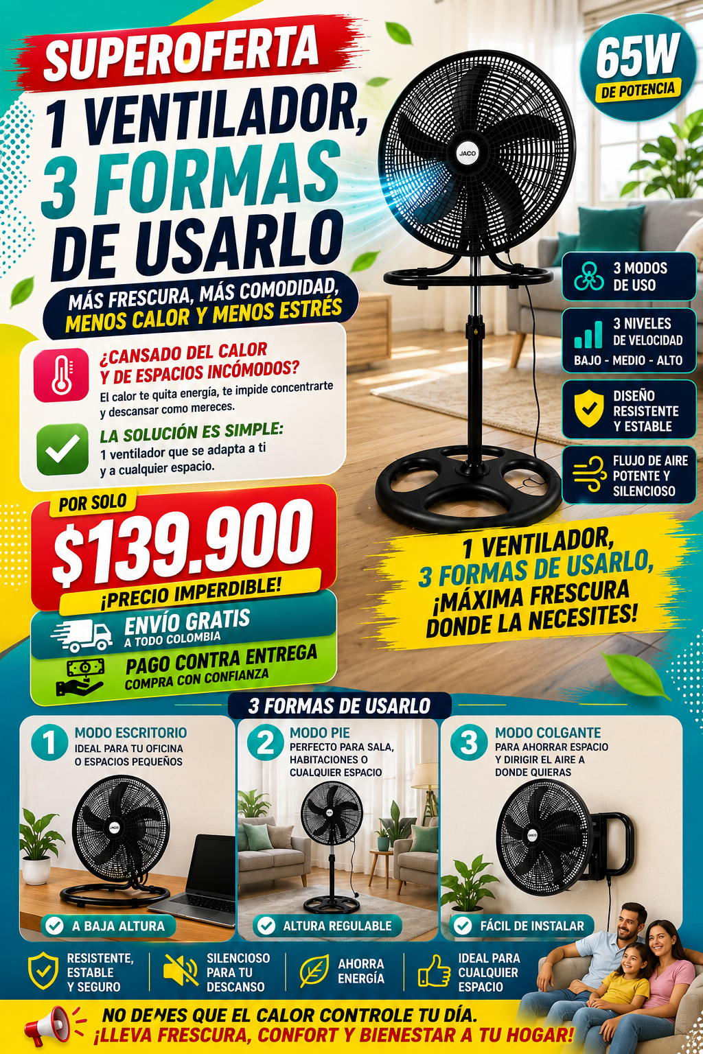 SUPEROFERTA 1 Ventilador de 18" CON 3 Diferentes Usos (de pie, mesa o  pared)